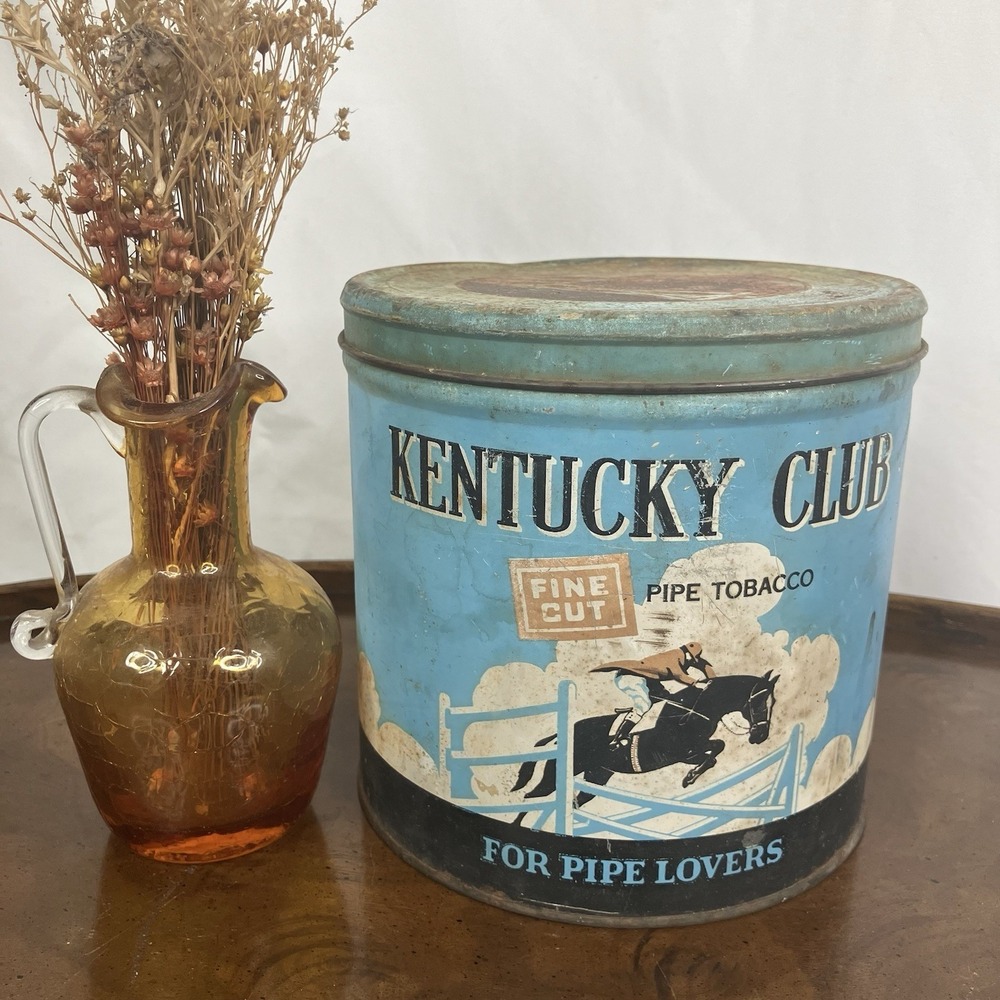 Vintage Kentucky Club Fine Cut Pipe Tobacco Tin Can Blue Horse Rider Graphic